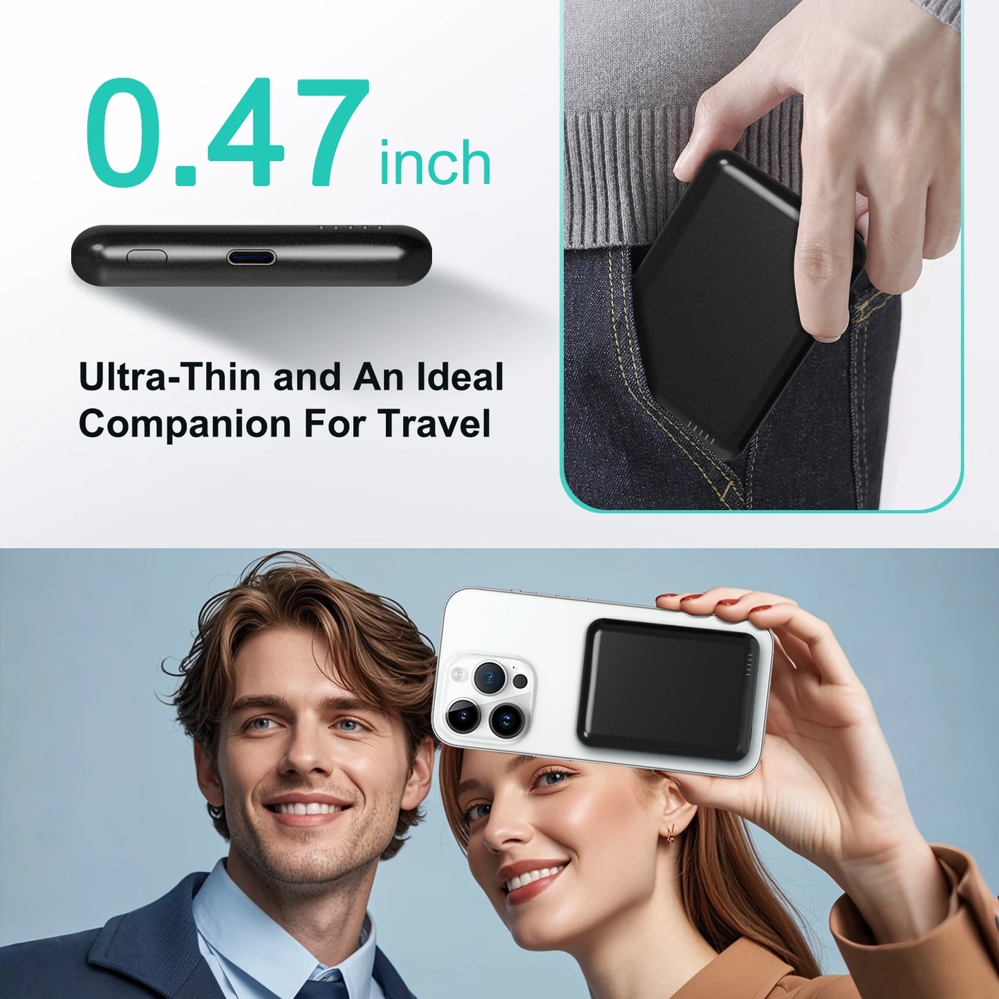 Magnetic Portable 5000mAh Wireless Power Bank USB C Cable