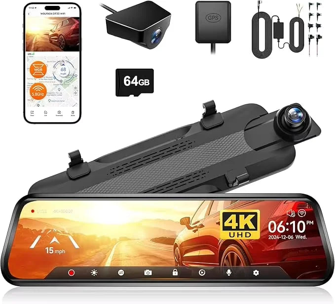 Wolfbox 4K Wifi Mirror Dash Camera Featuring Touchscreen Parking Mode