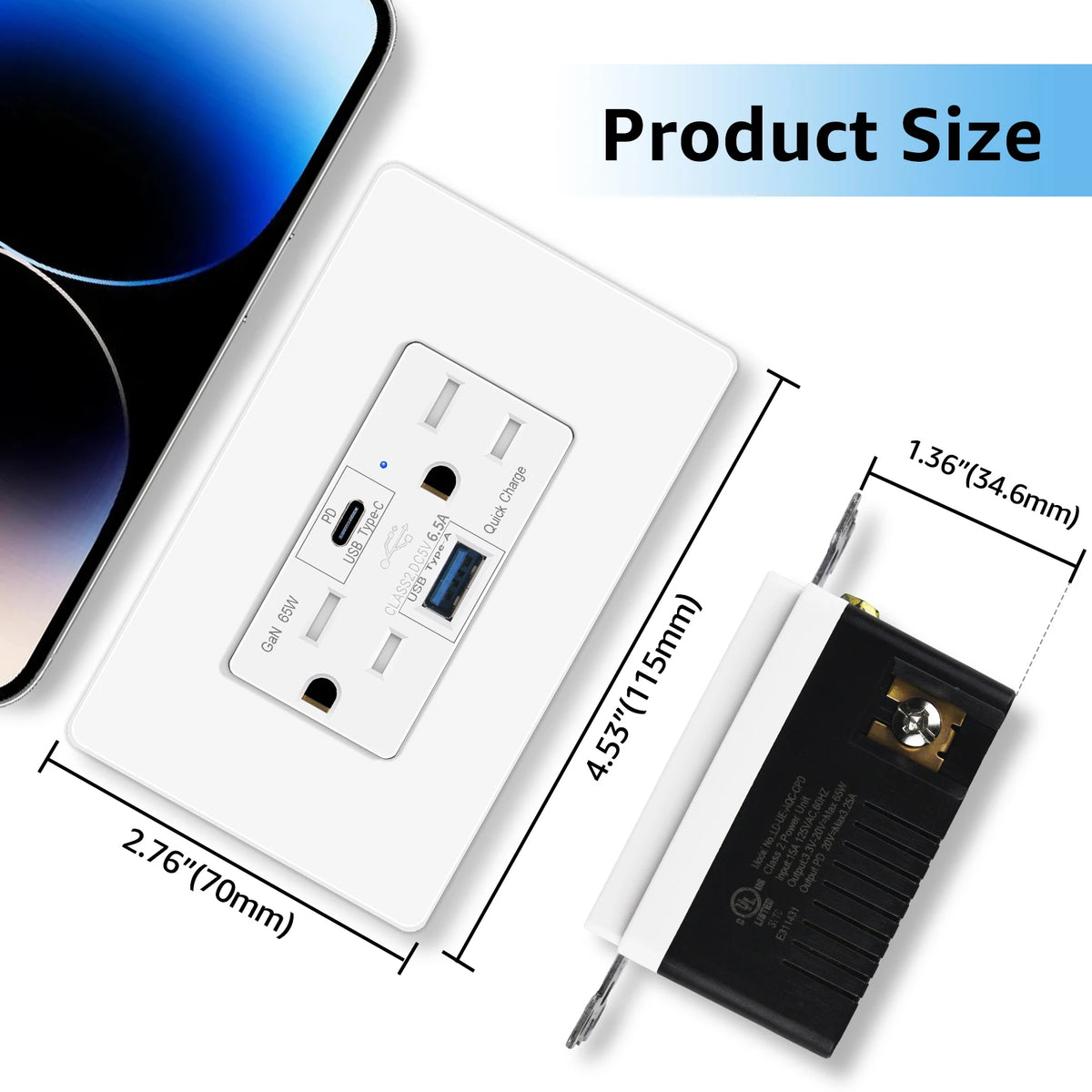 65W GaN Fast Charging Wall Outlet With Dual USB Ports