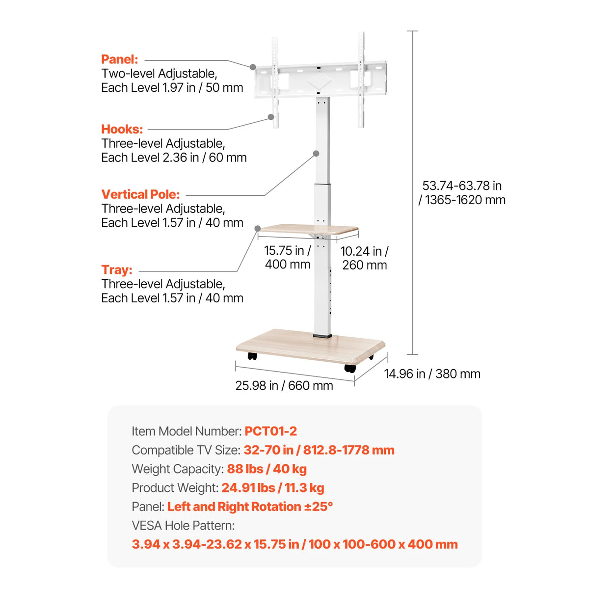 SucceBuy Height Adjustable Rolling TV Stand With Storage Tray