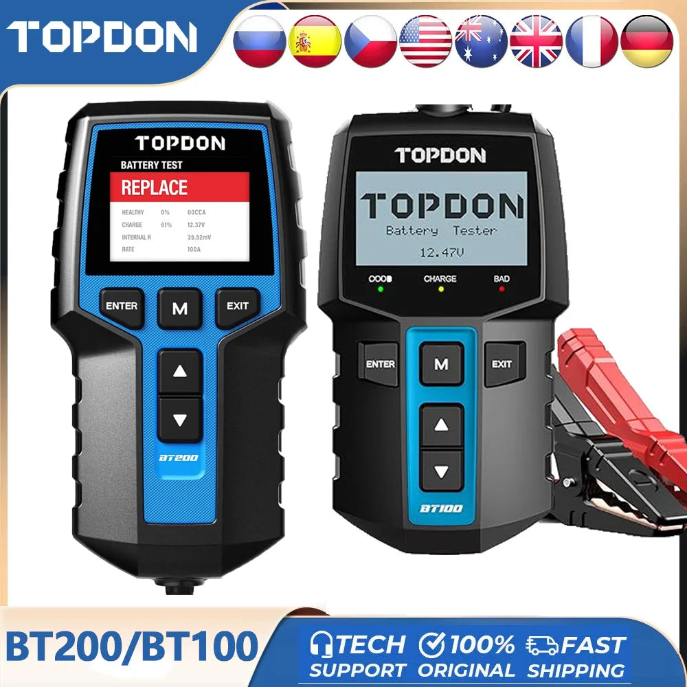 TOPDON BT200 BT100 Battery Tester Cranking and Charging 12V 24V