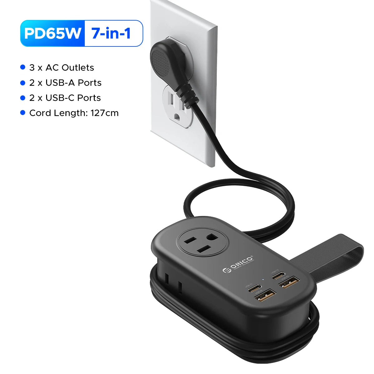 Orico 65W USB-C Power Strip With 3 Outlets And USB