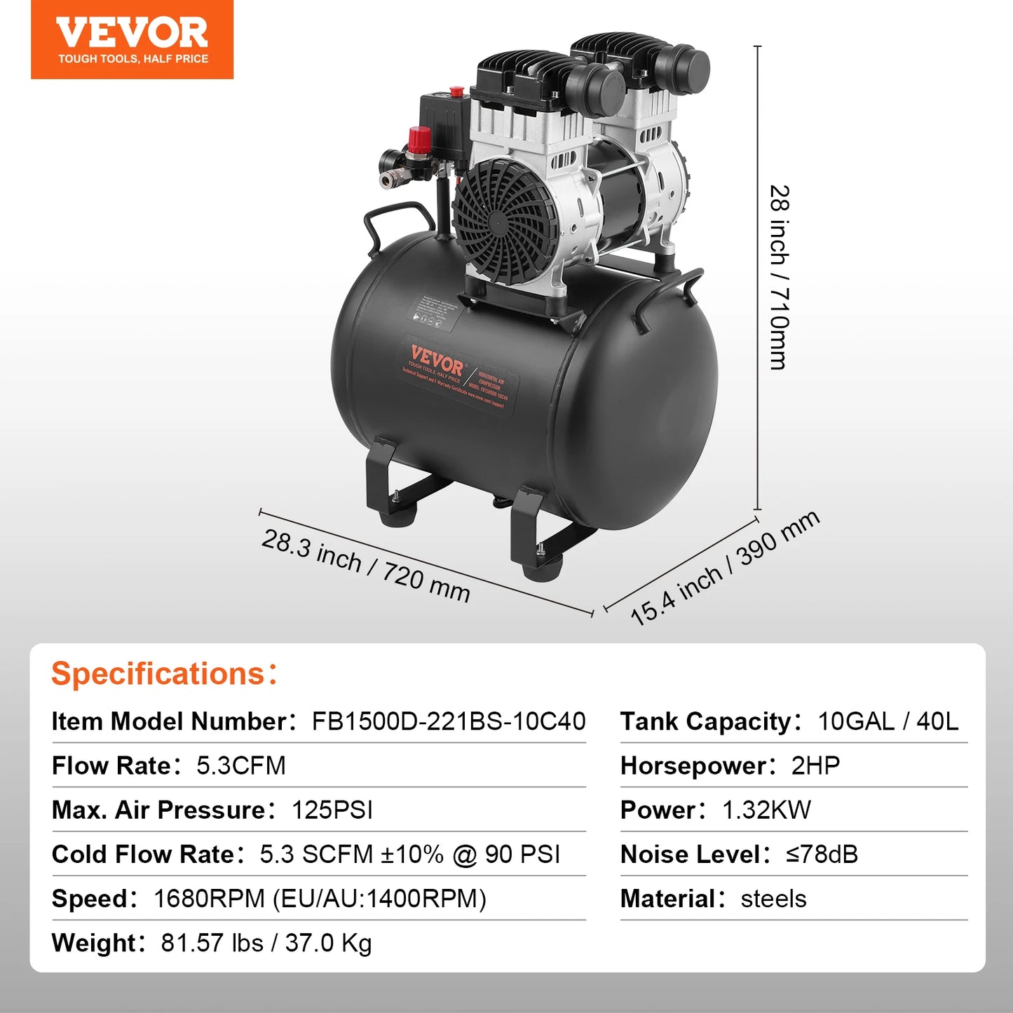 VEVOR Oil Free Air Compressor 125 PSI Quiet Portable Pump