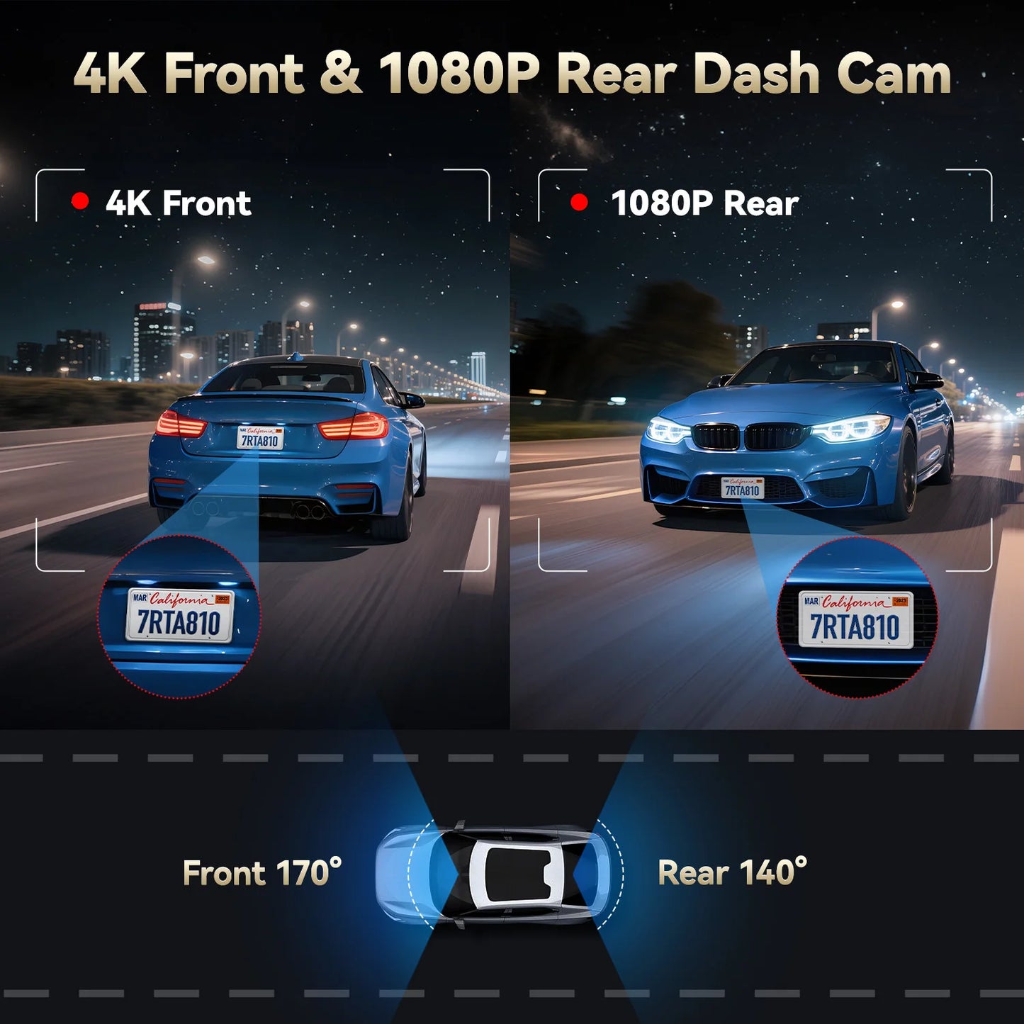 REDTIGER A8 4K Dual Dash Cam Front Rear GPS DVR Night Vision