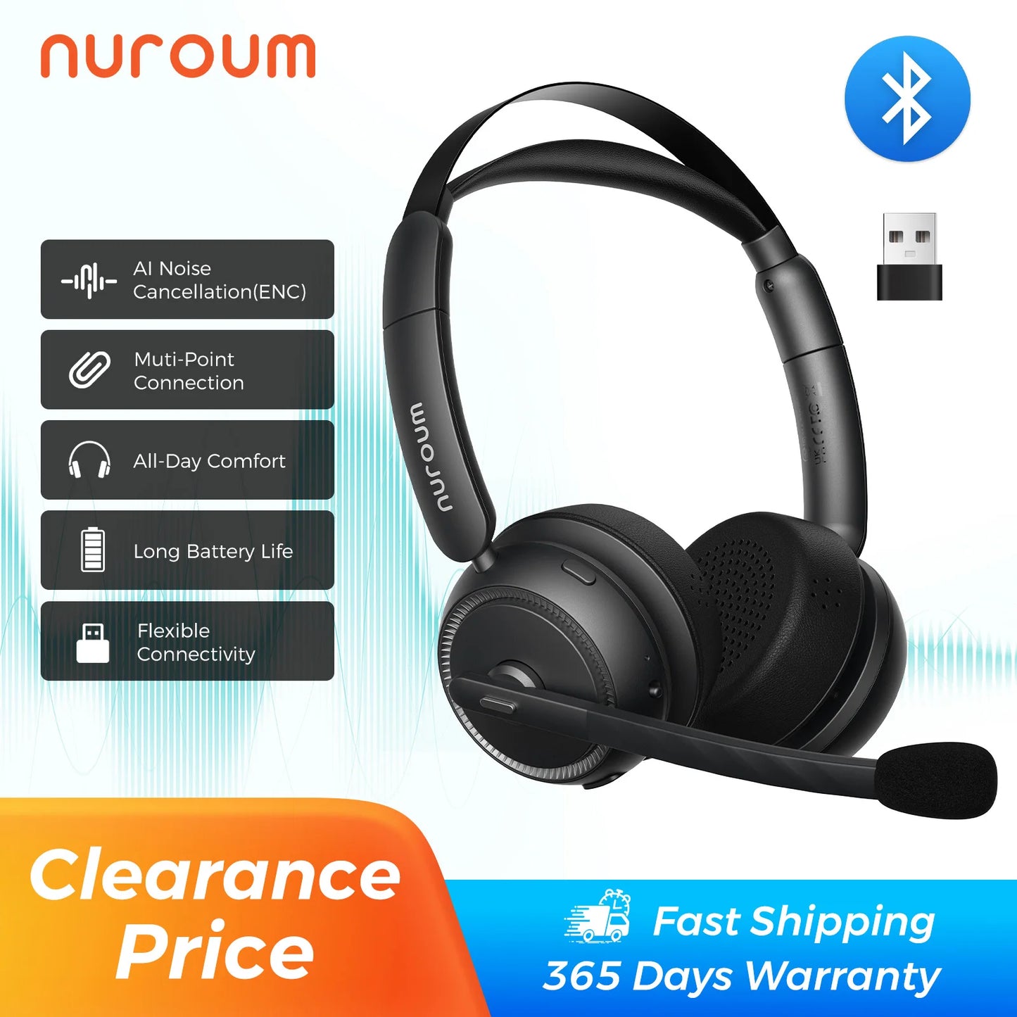 Nouroum Bluetooth 5.3 Over Ear Wireless Headphones Noise Cancelling Mic