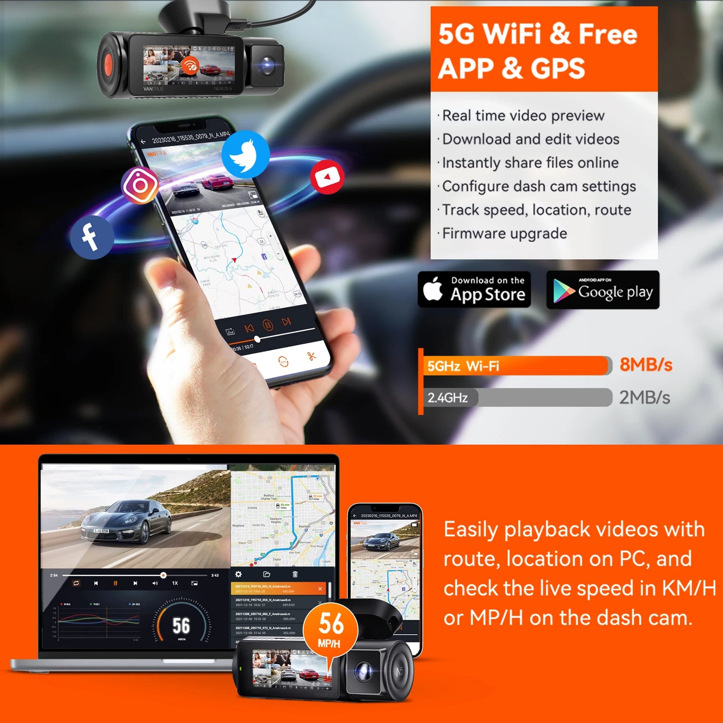 Vantrue N5 Dash Cam 4 Channel WiFi 360 Degree GPS Night Vision