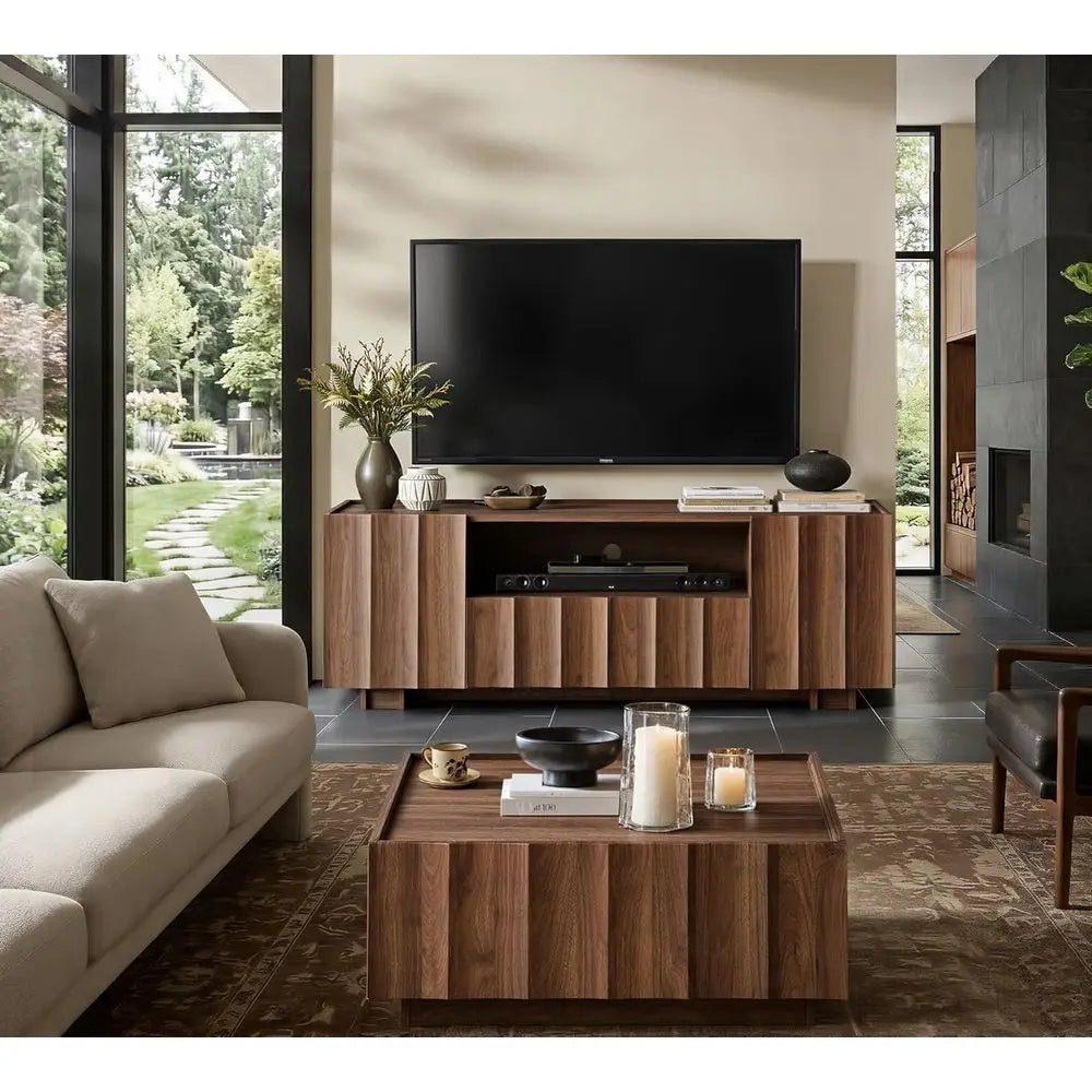 Contemporary Wooden TV Stand Featuring Wave Design And Adjustable Shelving