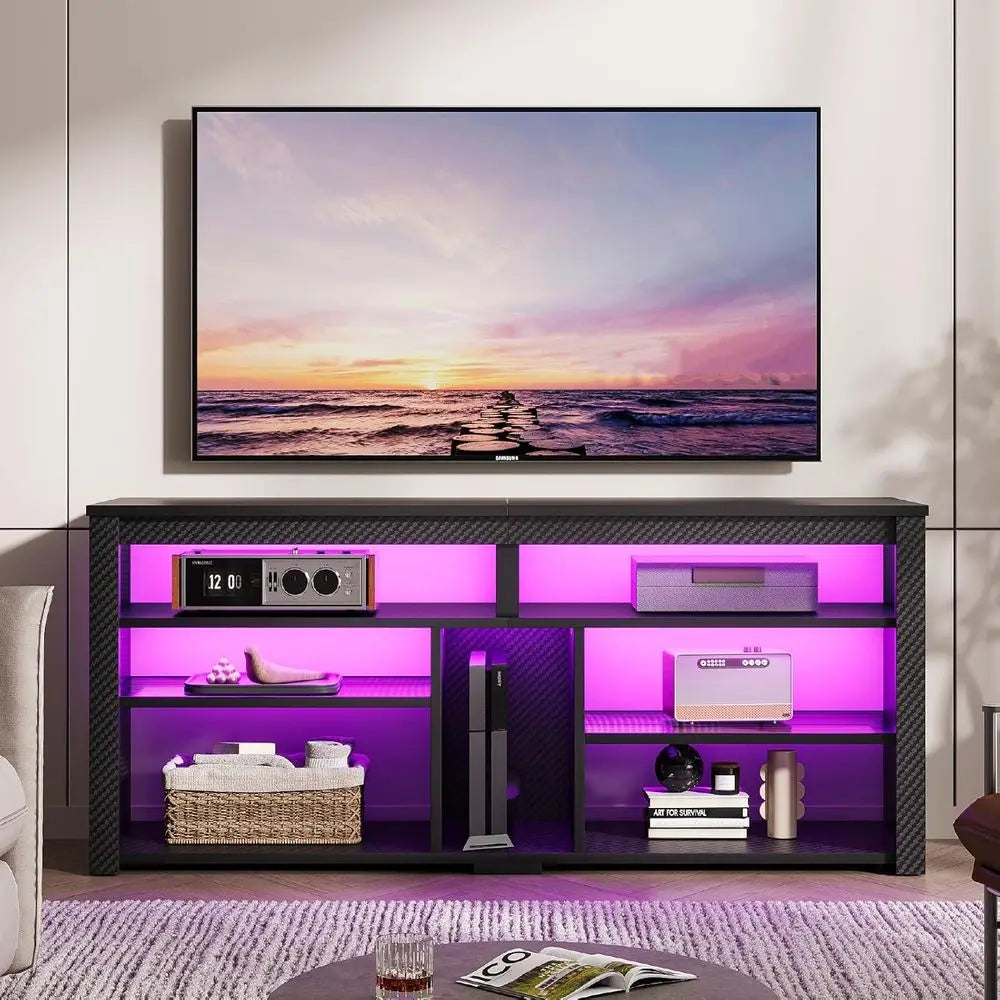 Modern LED TV Stand With Media Storage And Adjustable Shelves