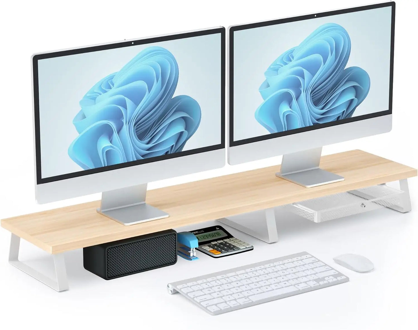 Dual Monitor Stand With Drawer And Wooden Desk Riser