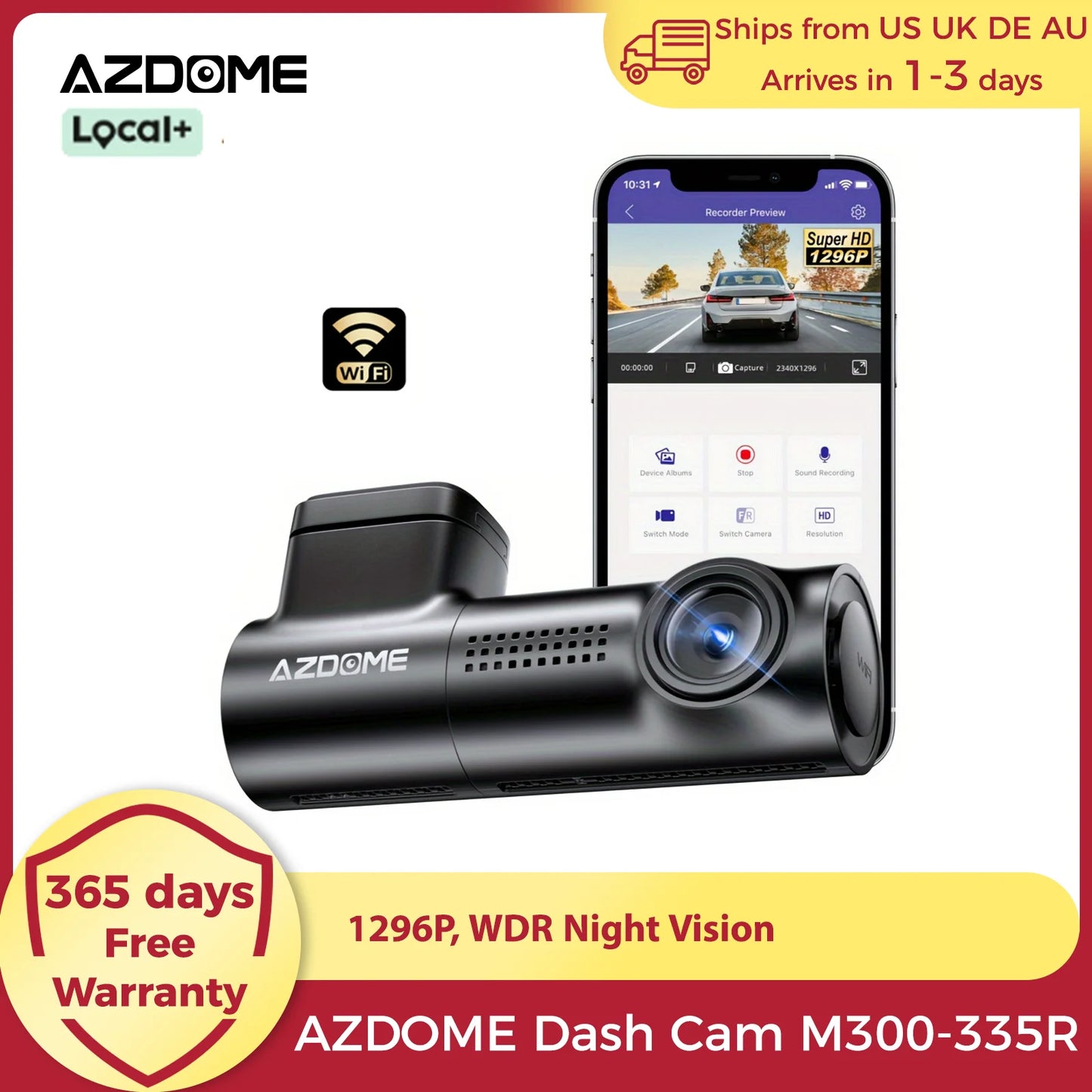 AZDOME 1296P Dash Cam With WiFi Night Vision Parking Monitor