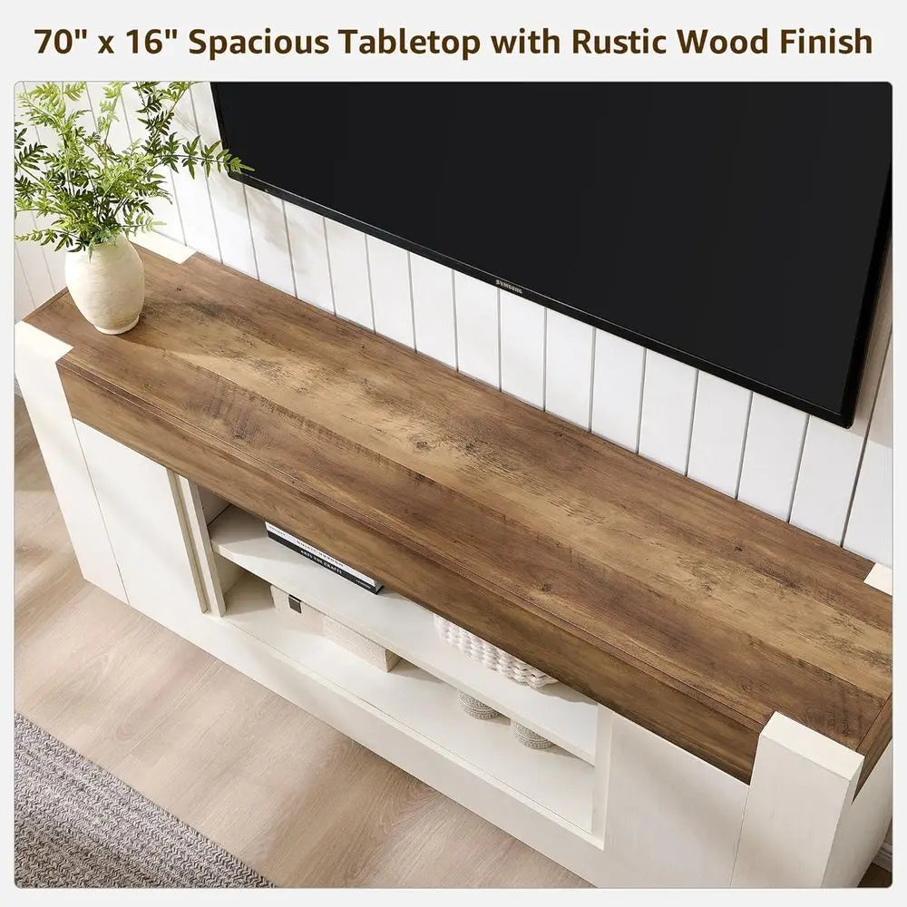 Contemporary Wood TV Stand With Open Shelves And Cabinet