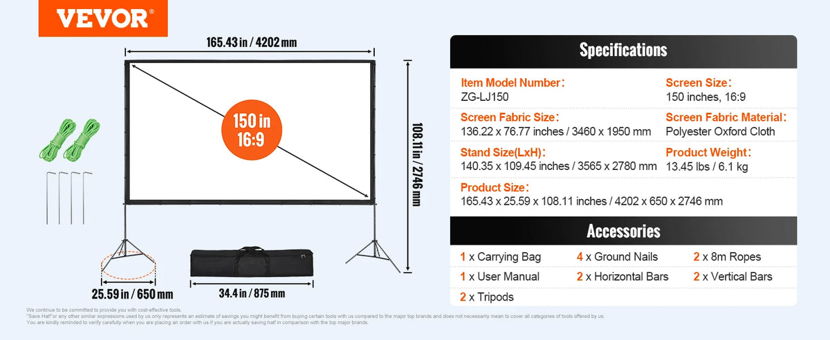 Vevor Portable Projector Screen With Adjustable Stand