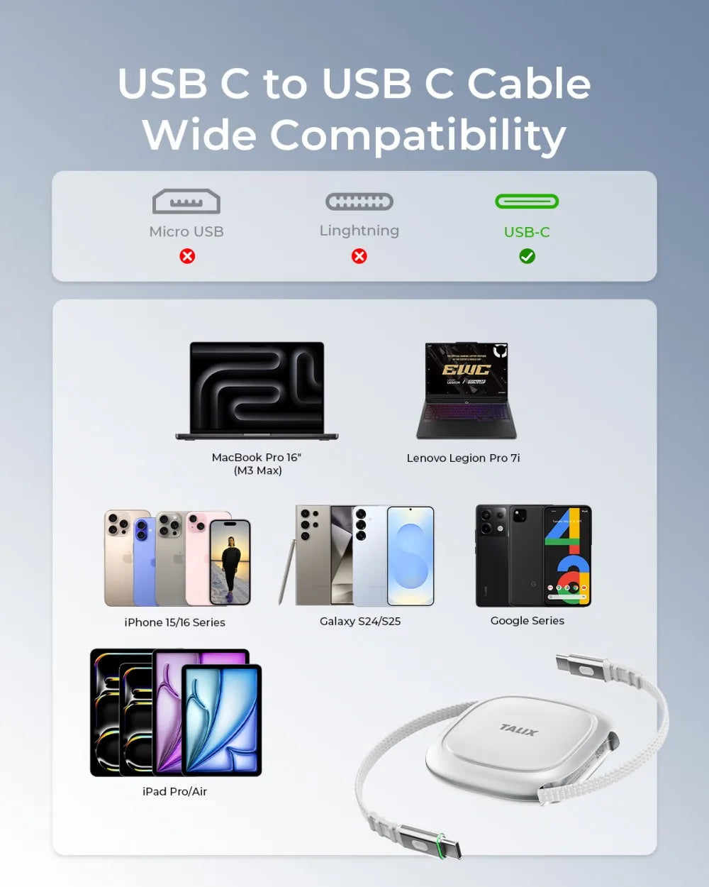 TALIX 240W Retractable USB Cable Fast Charging USB C