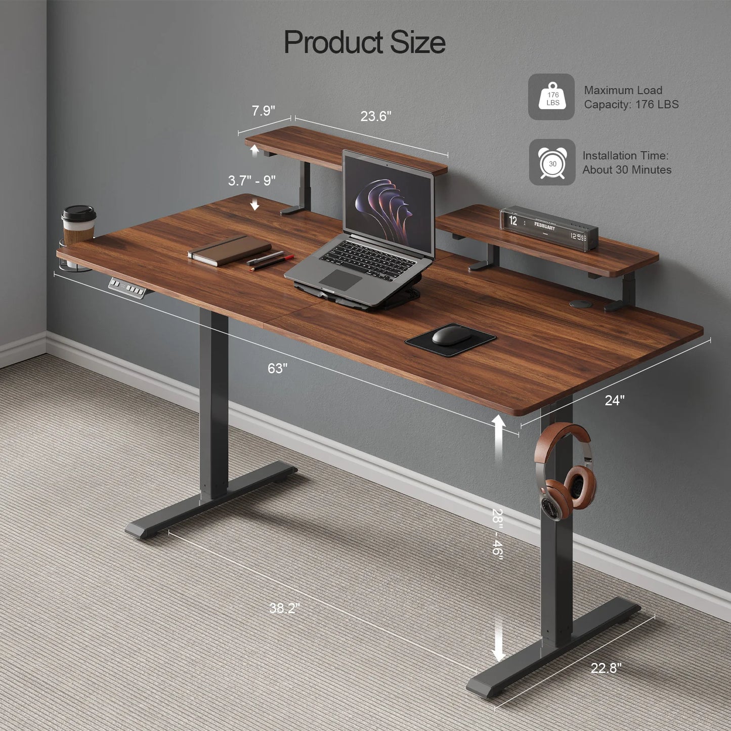 ONBRILL Standing Desk With Two Adjustable Monitor Shelves