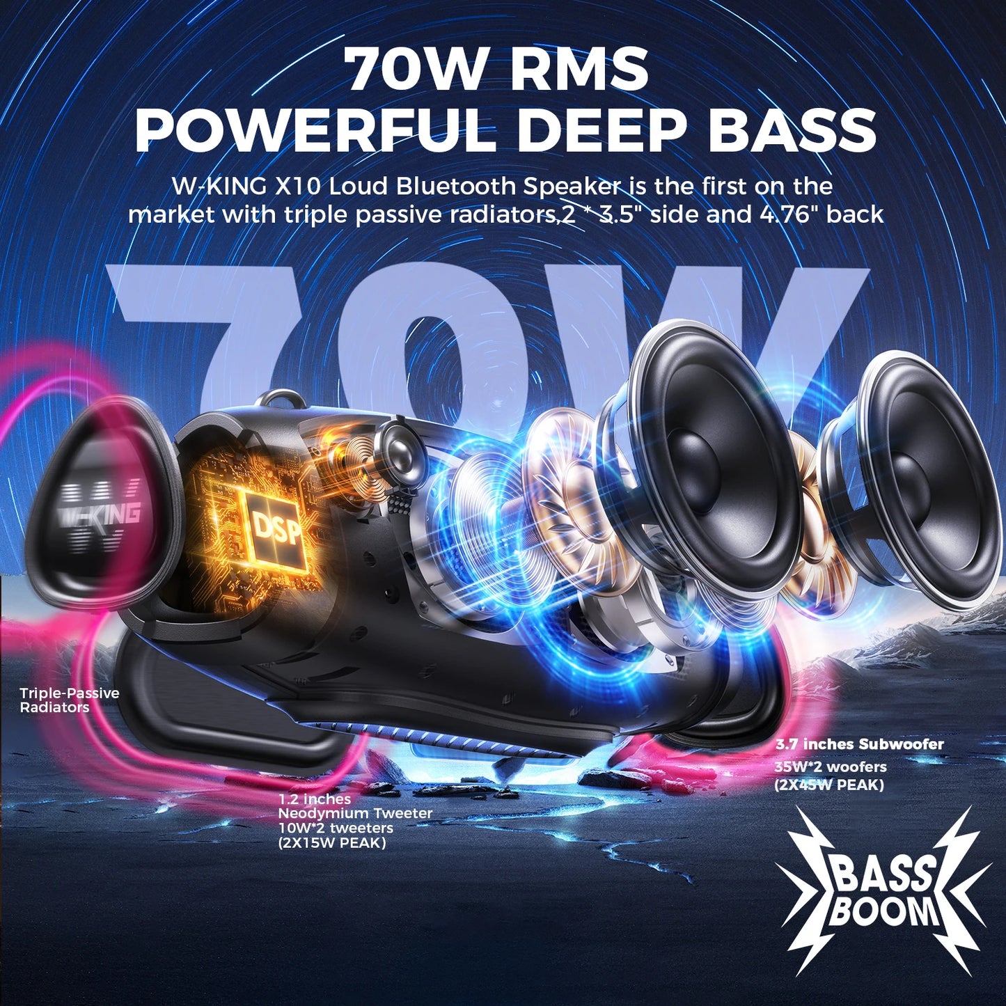 W-King 70W Waterproof Portable Bluetooth Speaker Outdoor Boombox