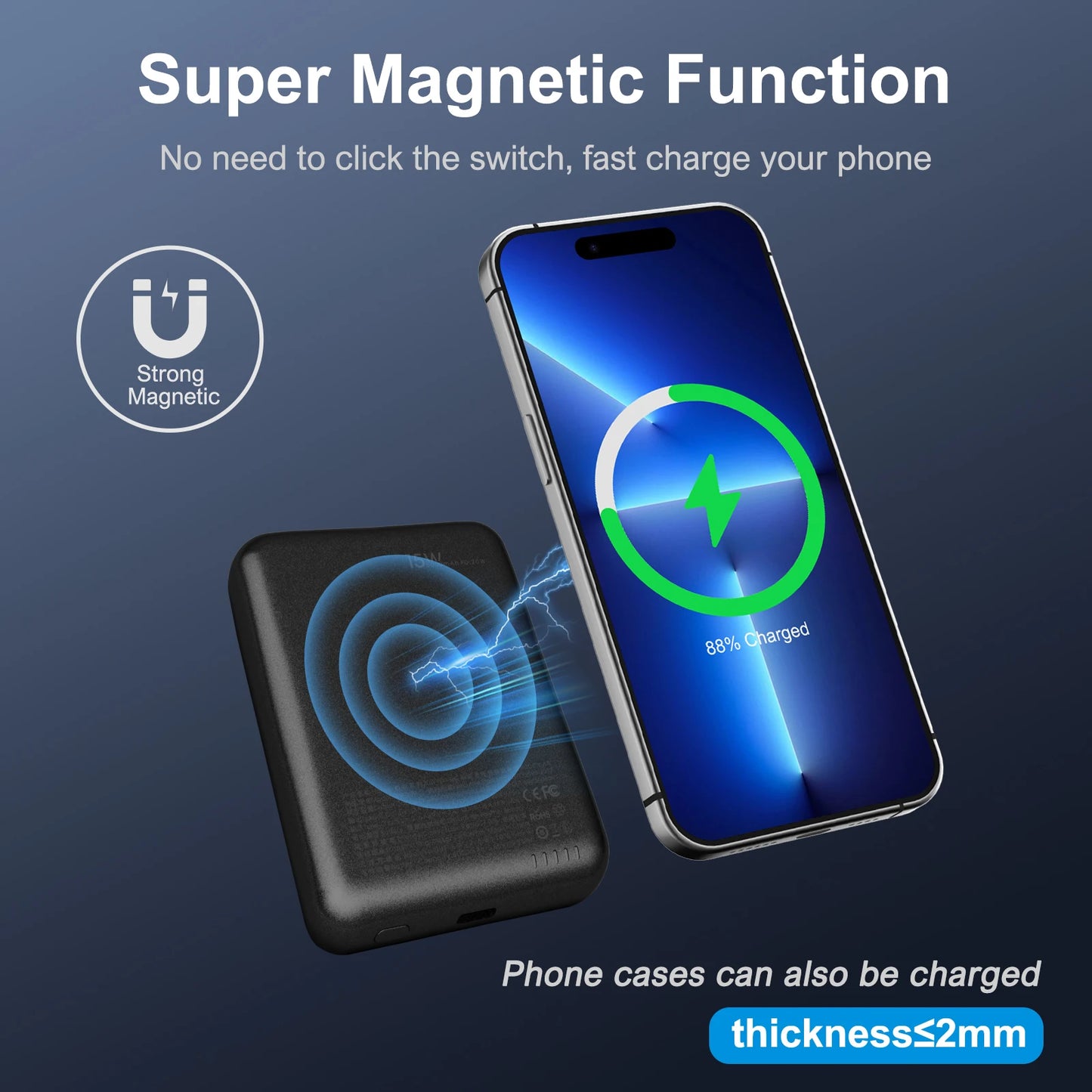 Magnetic Portable 5000mAh Wireless Power Bank USB C Cable