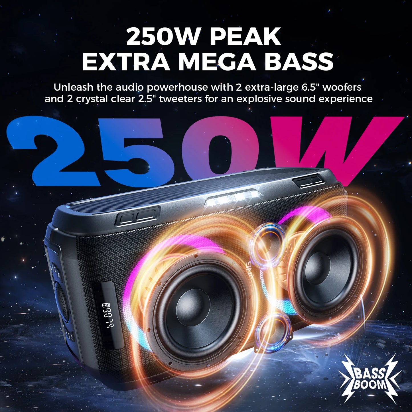 W-King 250W Bluetooth Party Speaker Boombox V5.3 With Massive Bass