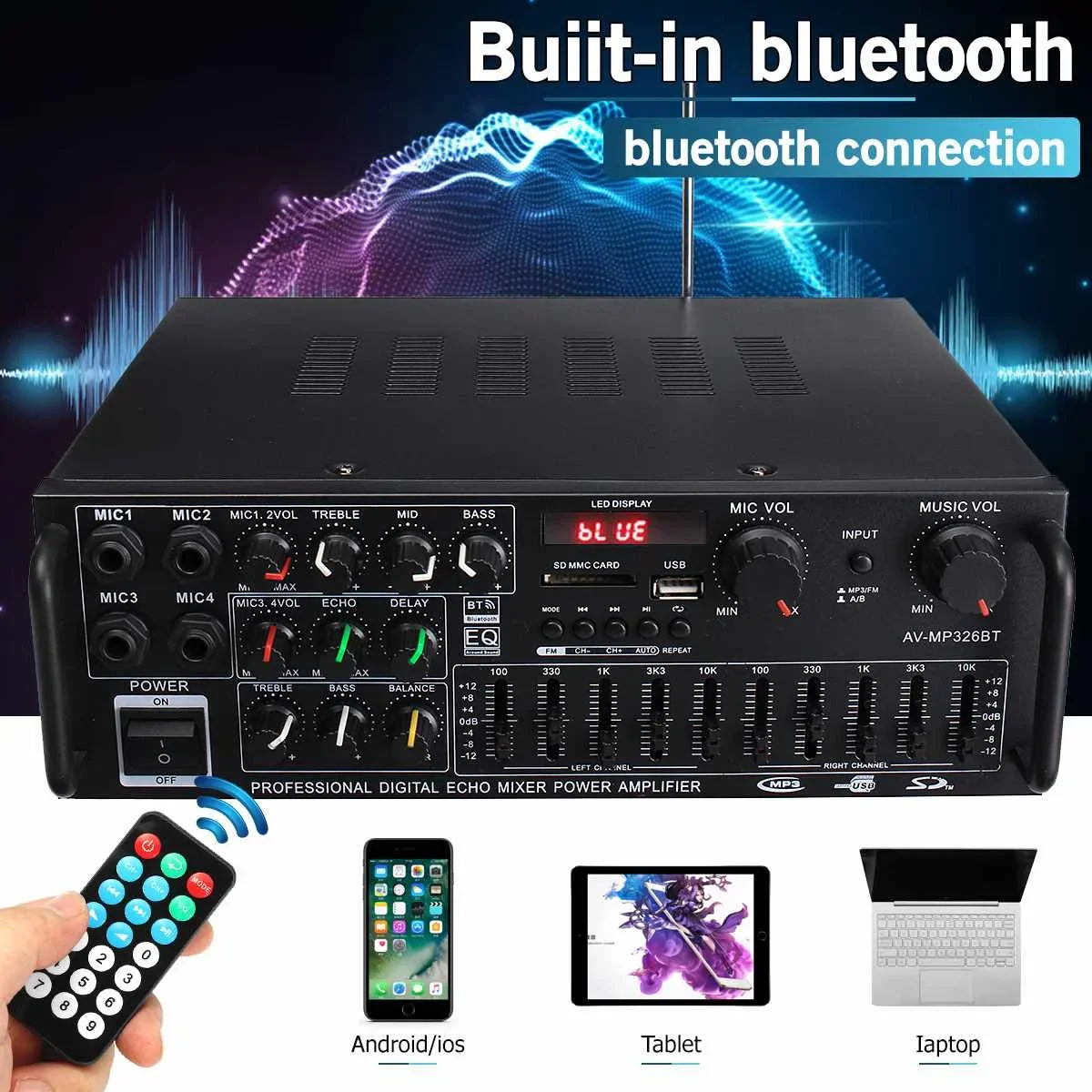 Hcalory 200W Bluetooth 5.0 Dual Channel HiFi Audio Amplifier
