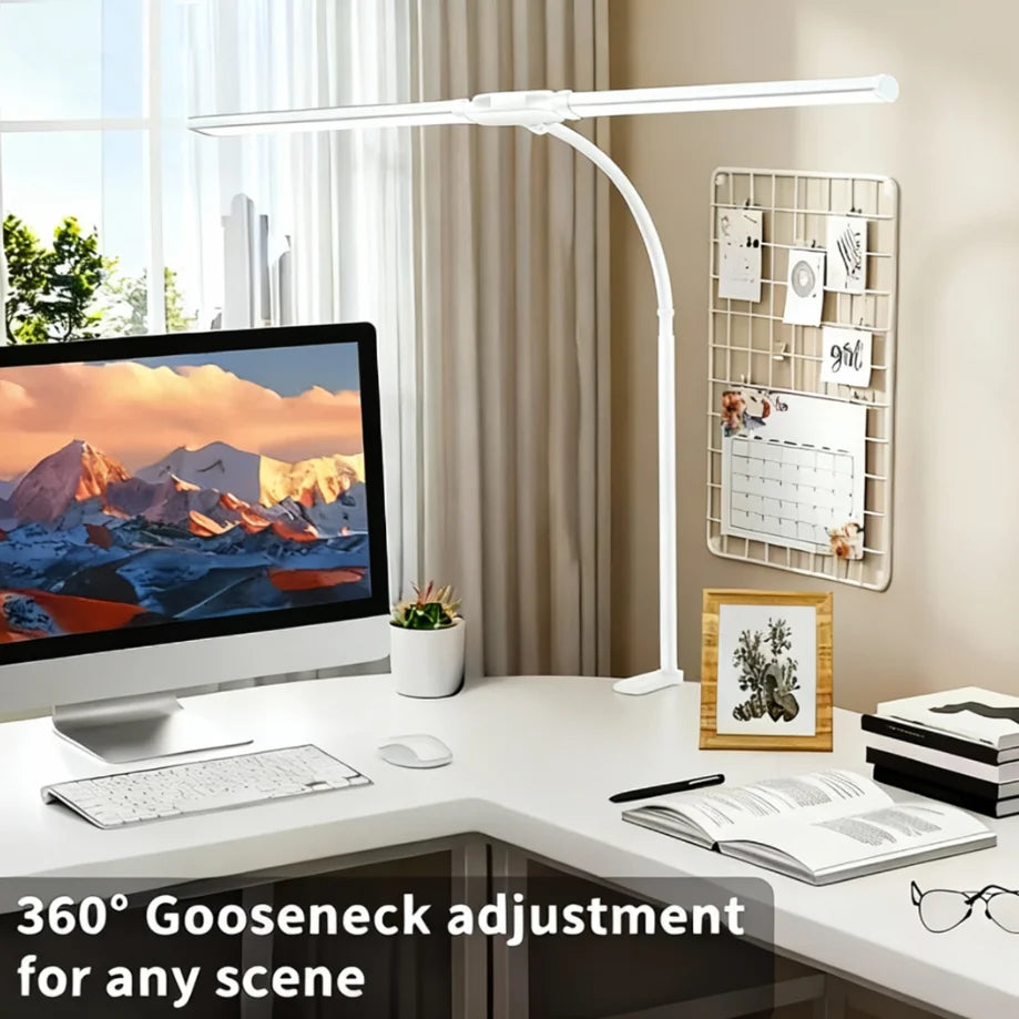 Eye-care Double Head Desk Lamp LED Clip-on 180 Degree Foldable 3 Color Modes Adjustable 3000K-6000K 10 Brightness Levels Computer Screen Light for Home Reading PC Game