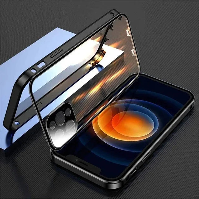 360°Full Protected Metal Magnetic Double-Sided Glass Snap Lock Phone Case For iPhone 16 Pro Max 14 13 12 15 Pro Max Bumper Cover