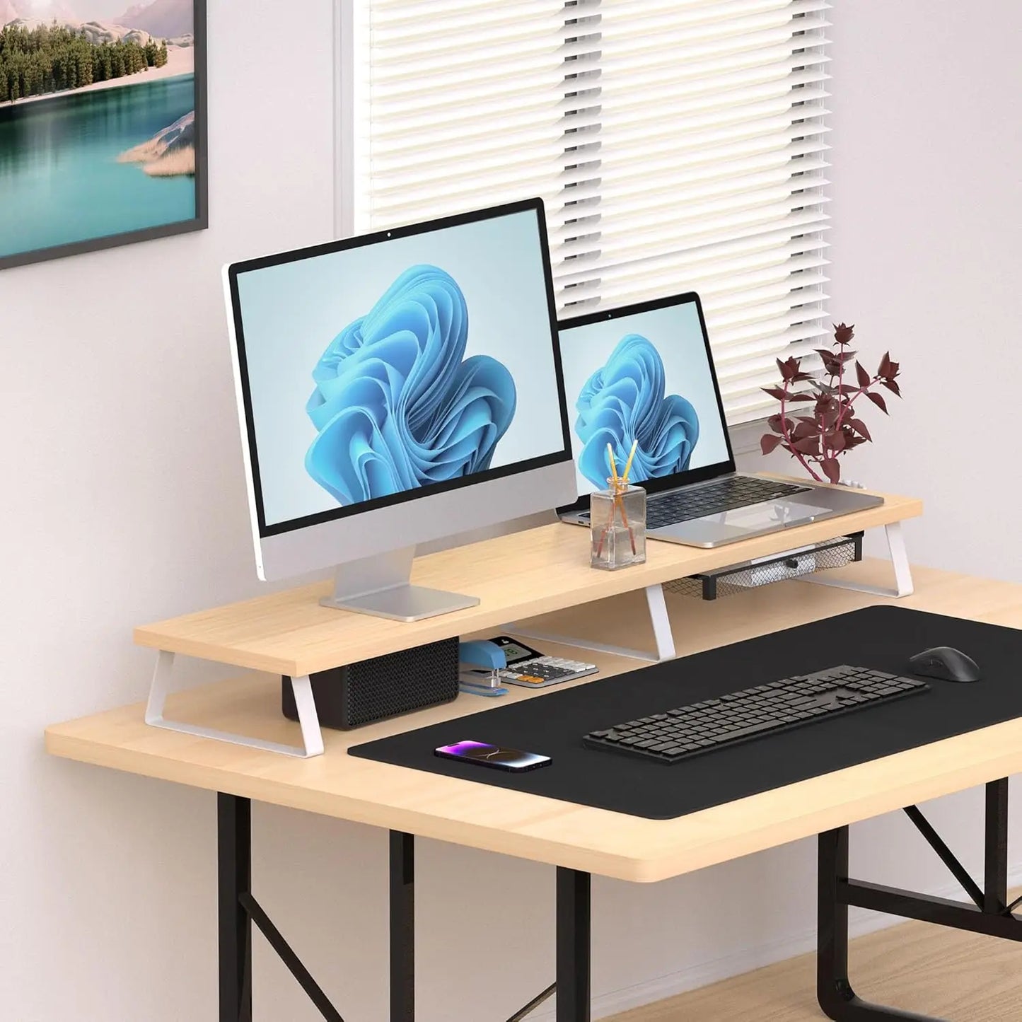 Dual Monitor Stand With Drawer And Wooden Desk Riser