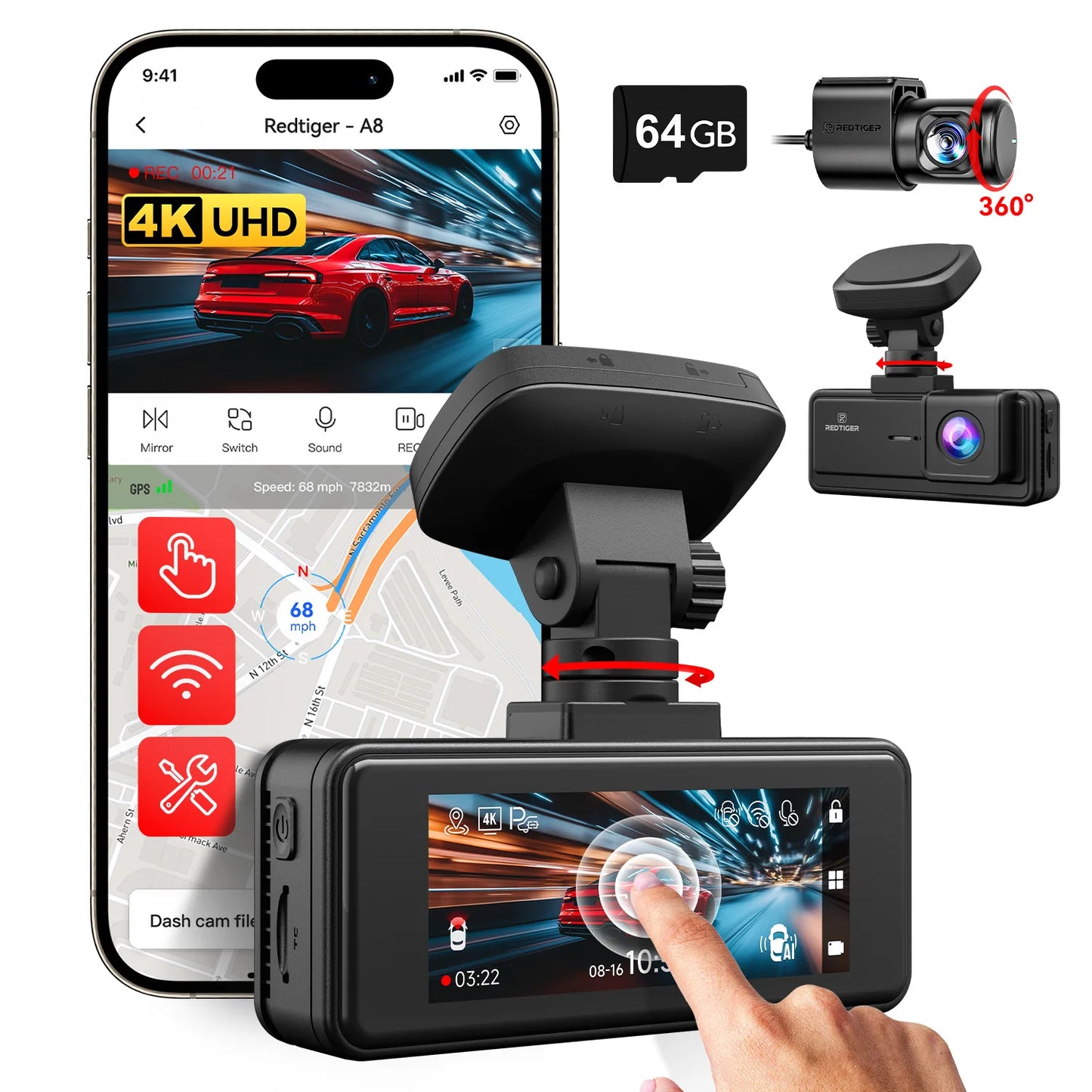 REDTIGER A8 4K Dual Dash Cam Front Rear GPS DVR Night Vision