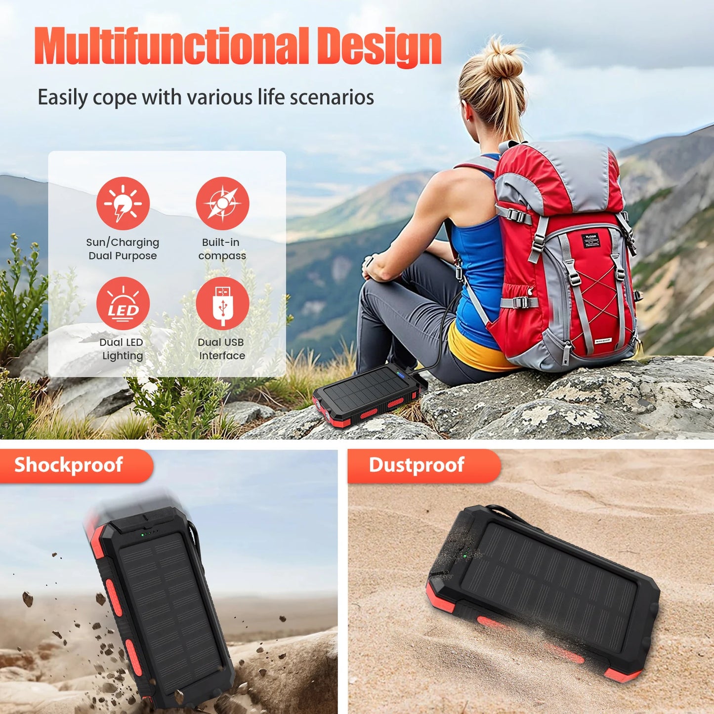 Solar Power Bank 10000mAh With Wireless Fast Charging And Waterproof