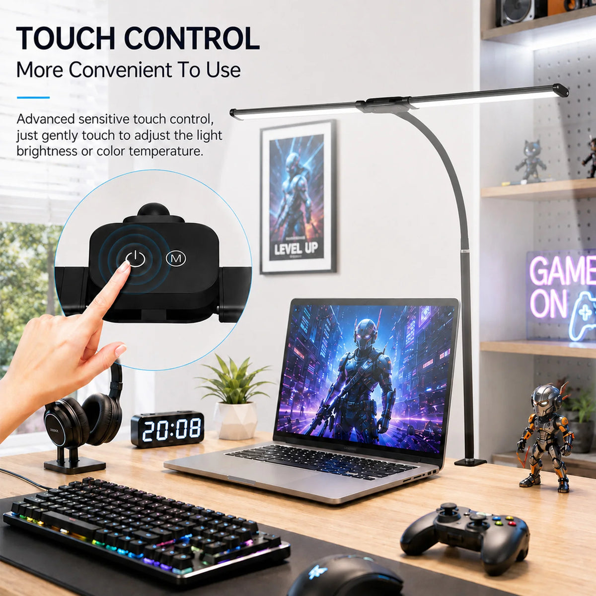 Eye-care Double Head Desk Lamp LED Clip-on 180 Degree Foldable 3 Color Modes Adjustable 3000K-6000K 10 Brightness Levels Computer Screen Light for Home Reading PC Game