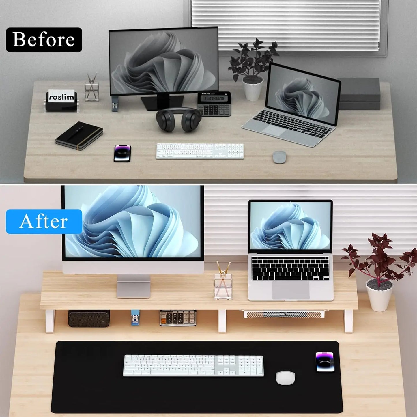 Dual Monitor Stand With Drawer And Wooden Desk Riser