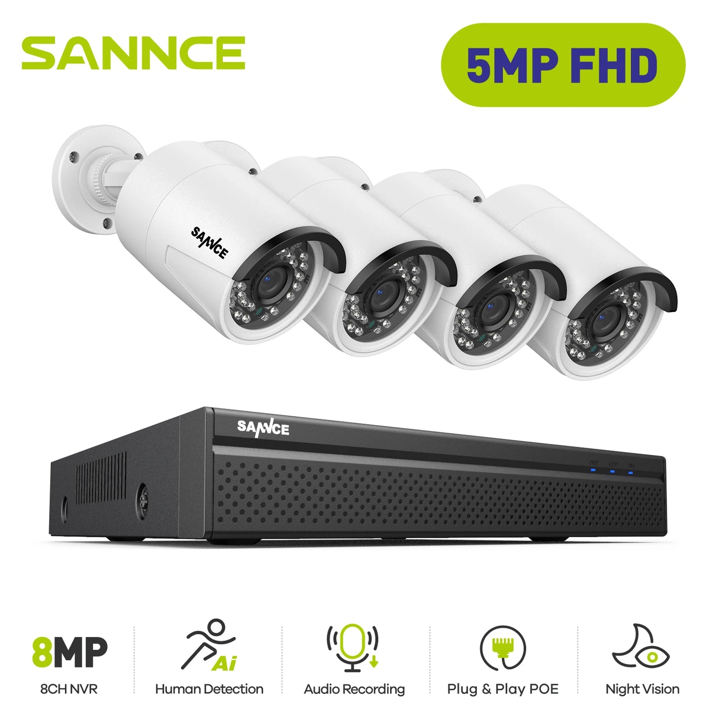 SANNCE 5MP POE Security Camera System 8 Channel NVR Recorder