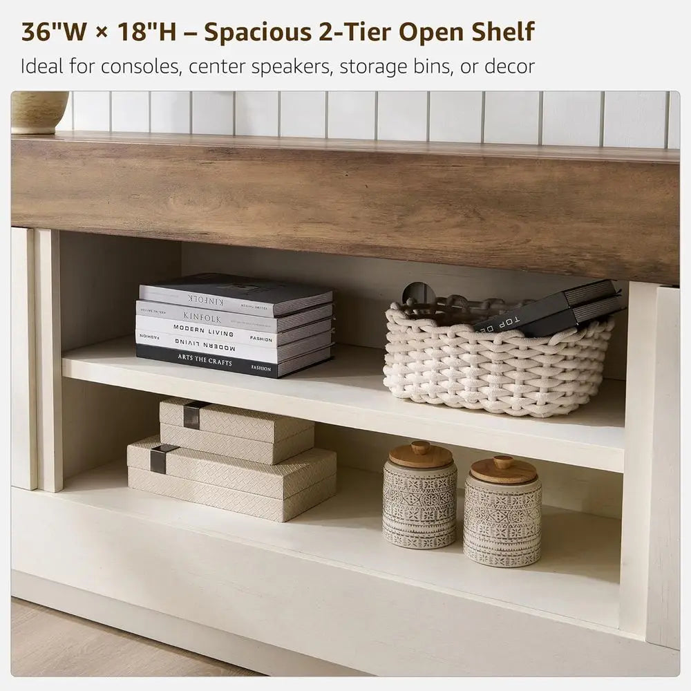 Contemporary Wood TV Stand With Open Shelves And Cabinet