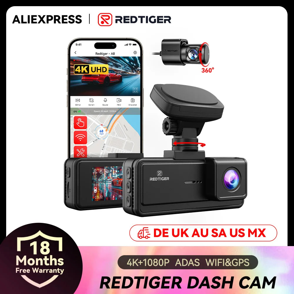 RedTiger A8 4K 1080P ADAS DashCam Front Rear Car GPS