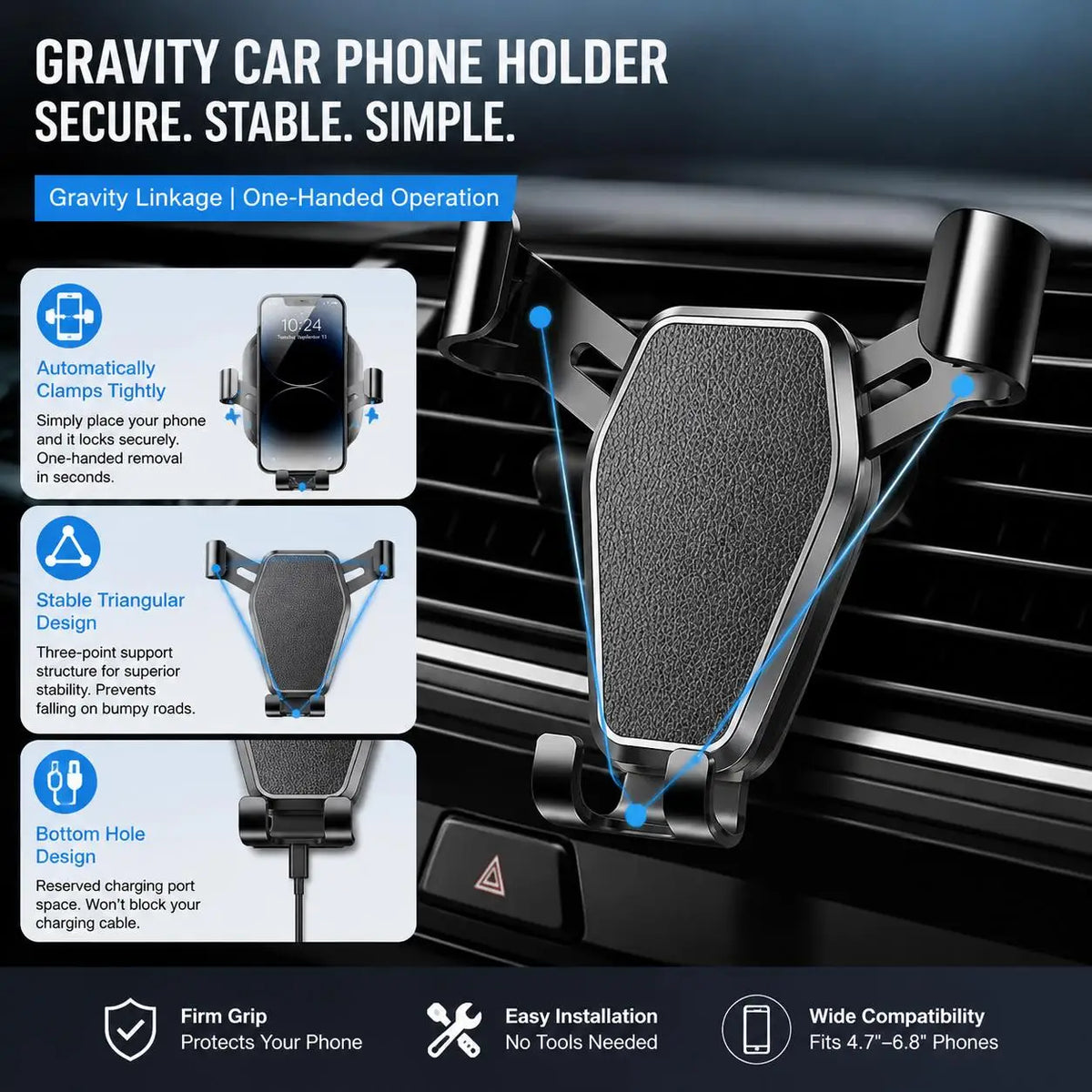 Gravity Car Phone Holder Air Vent Clip Mount Universal Auto Lock Anti Shake Hands Free Cradle Navigation Cell Phone Holder for Samsung Galaxy S20 S21 S22 S23 S24 Note Ultra Android Smartphone Car GPS Mount Bracket Automotive