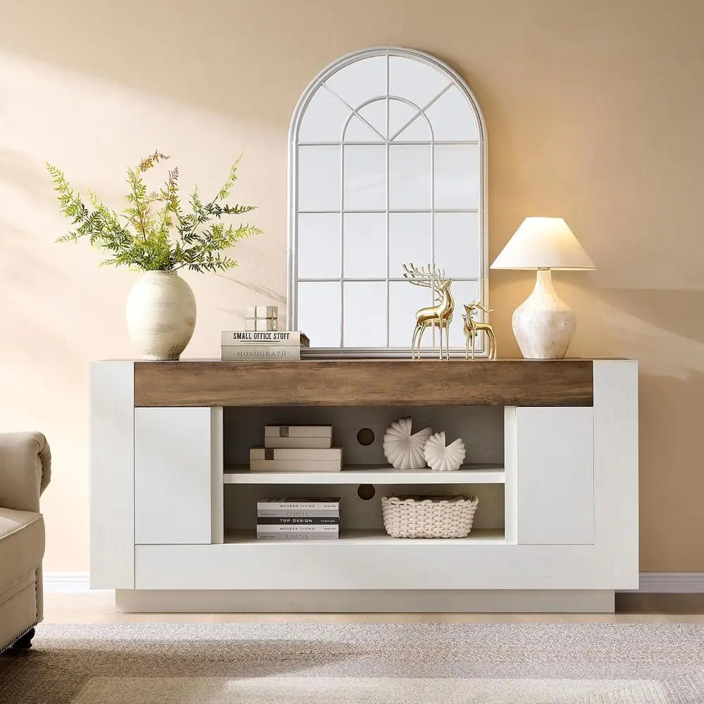 Contemporary Wood TV Stand With Open Shelves And Cabinet