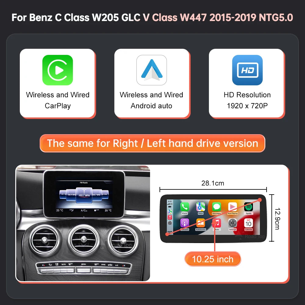 Road Top Wireless CarPlay Android Auto Multimedia Screen for Mercedes-Benz