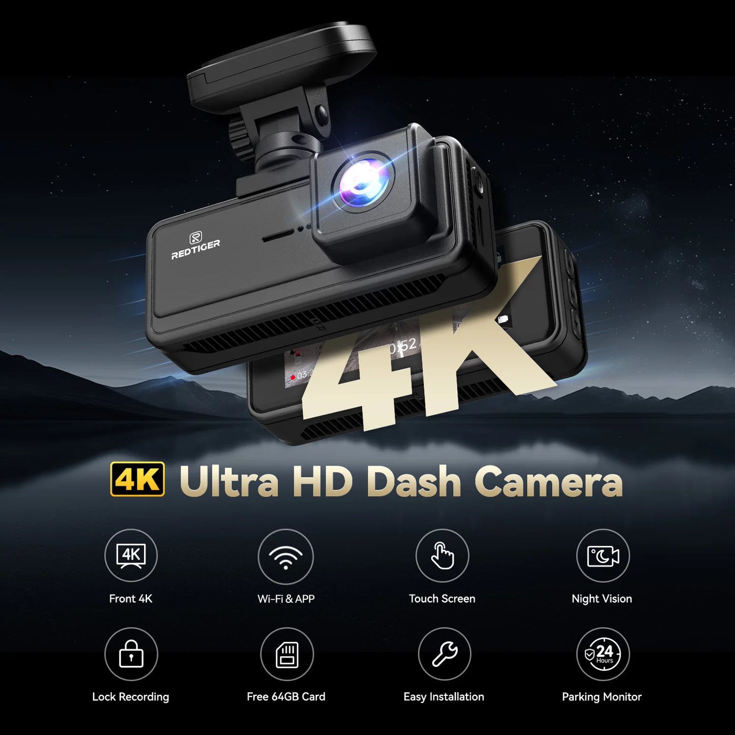 REDTIGER A8 4K Dual Dash Cam Front Rear GPS DVR Night Vision