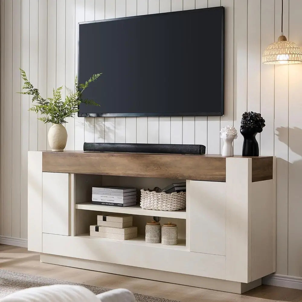 Contemporary Wood TV Stand With Open Shelves And Cabinet