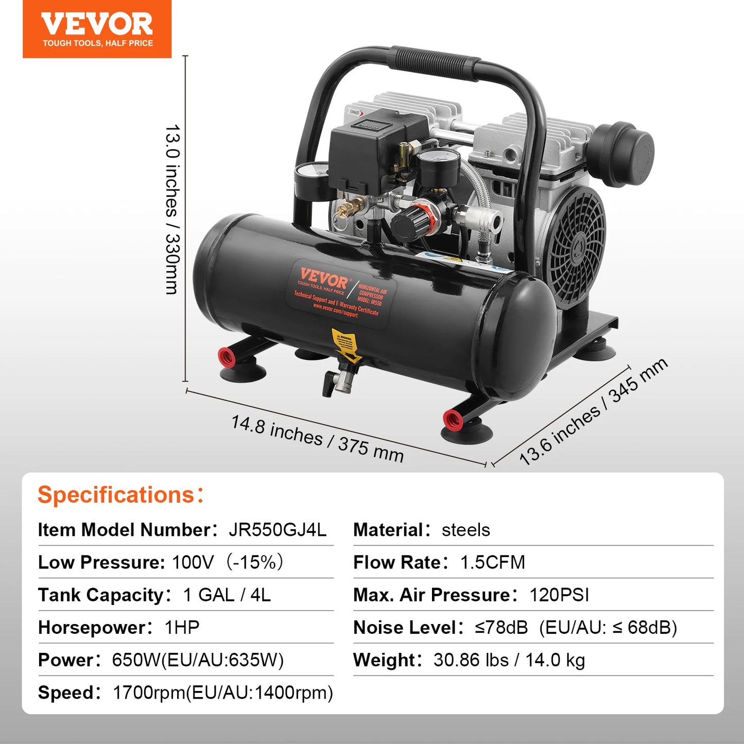 VEVOR Oil Free Air Compressor 125 PSI Quiet Portable Pump
