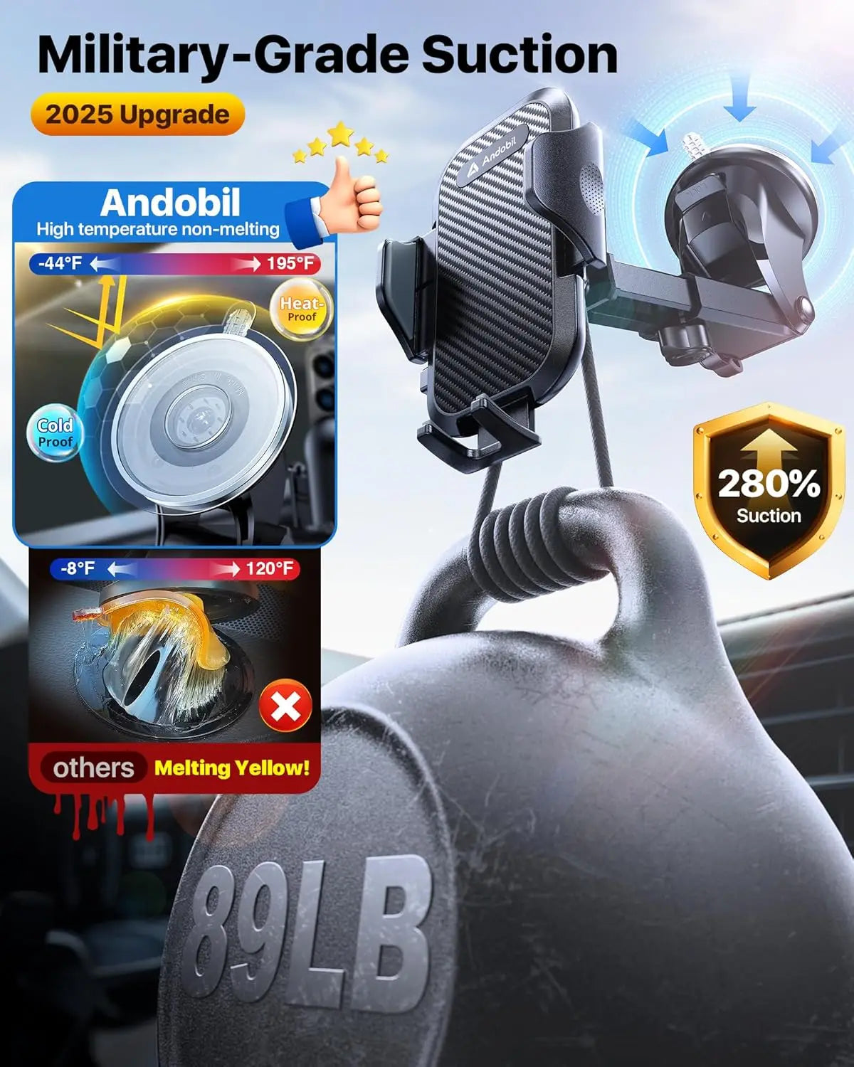 Military Grade Car Phone Holder 89lb Suction Mount