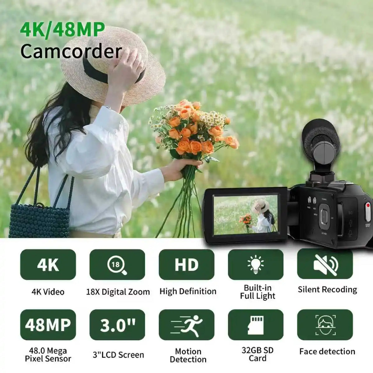 Professional Handheld Vlog Camera 4K 48MP Digital Zoom Flip Screen