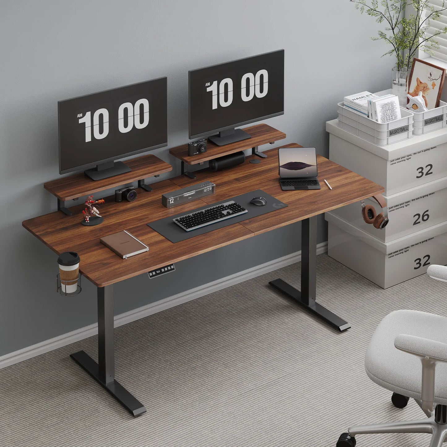 ONBRILL Standing Desk With Two Adjustable Monitor Shelves