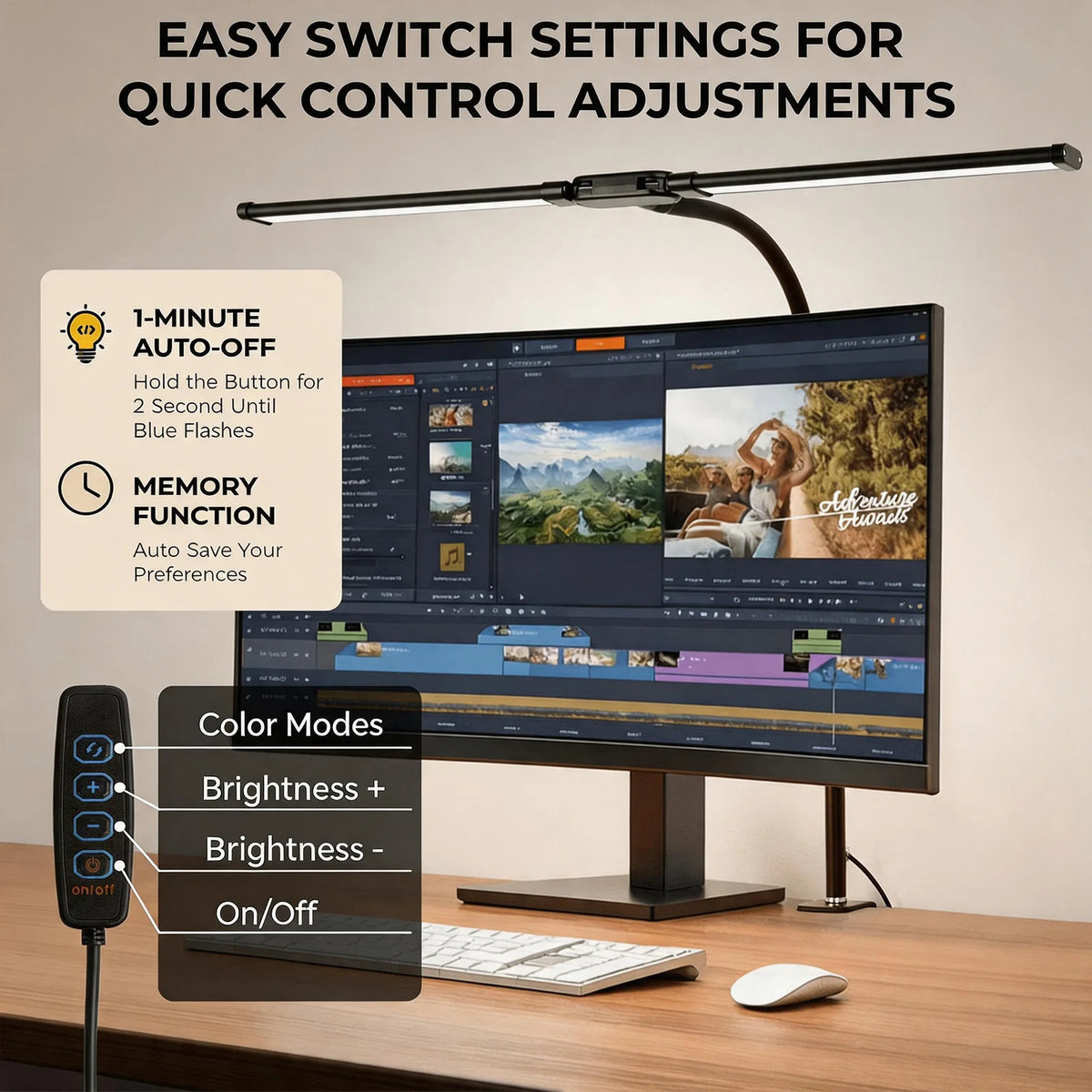 Eye-care Double Head Desk Lamp LED Clip-on 180 Degree Foldable 3 Color Modes Adjustable 3000K-6000K 10 Brightness Levels Computer Screen Light for Home Reading PC Game