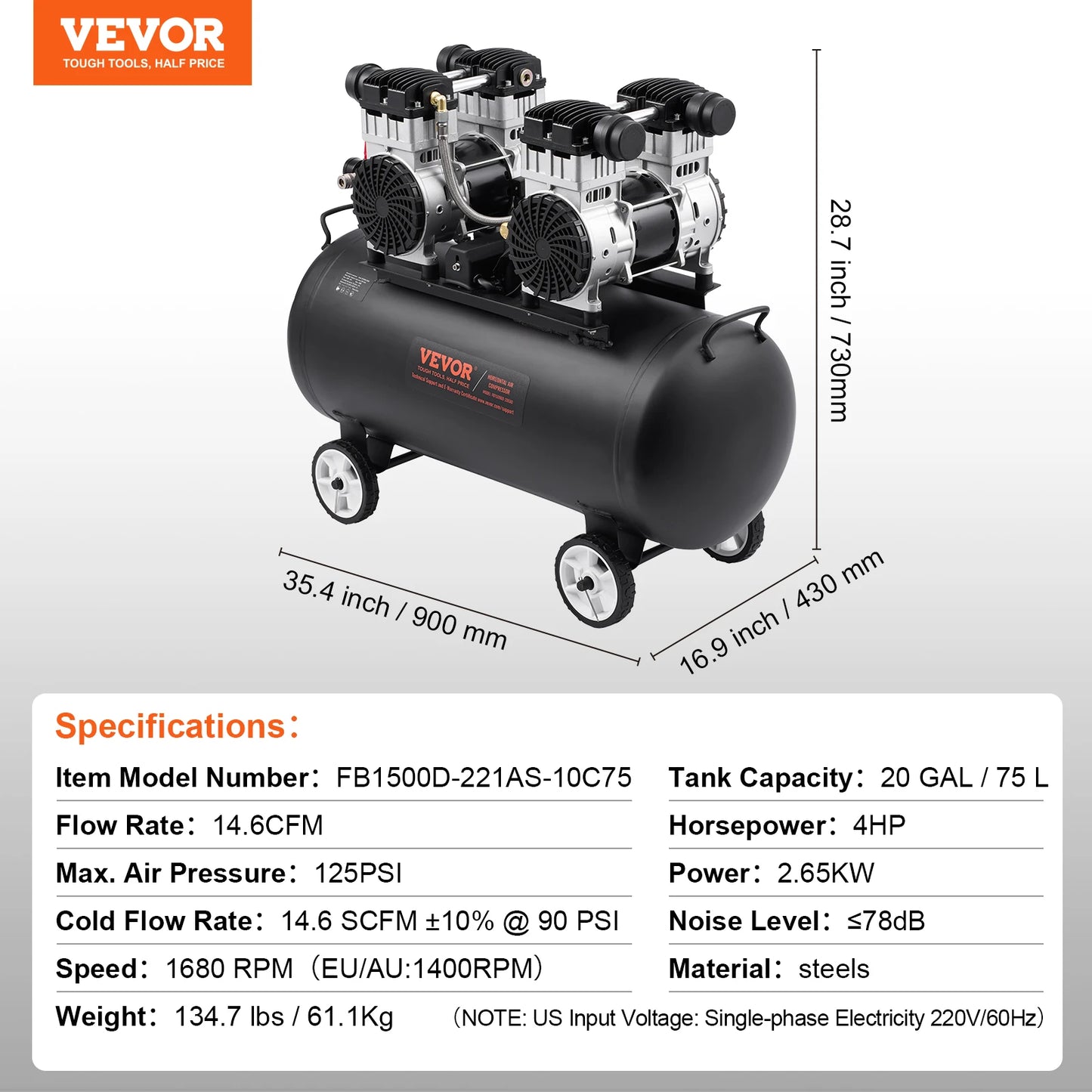 VEVOR Oil Free Air Compressor 125 PSI Quiet Portable Pump