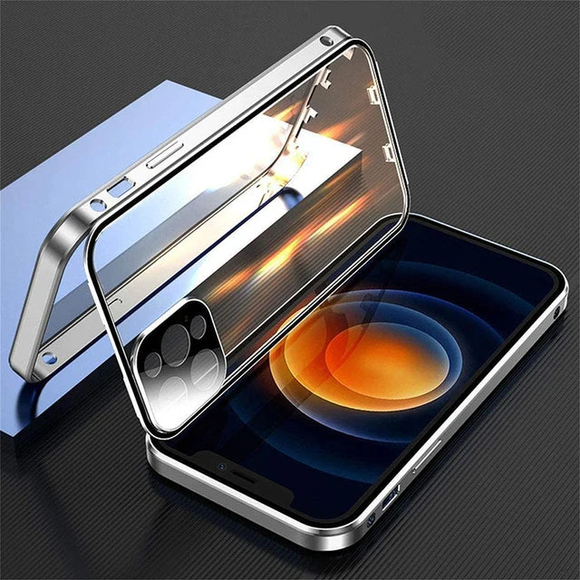 360°Full Protected Metal Magnetic Double-Sided Glass Snap Lock Phone Case For iPhone 16 Pro Max 14 13 12 15 Pro Max Bumper Cover