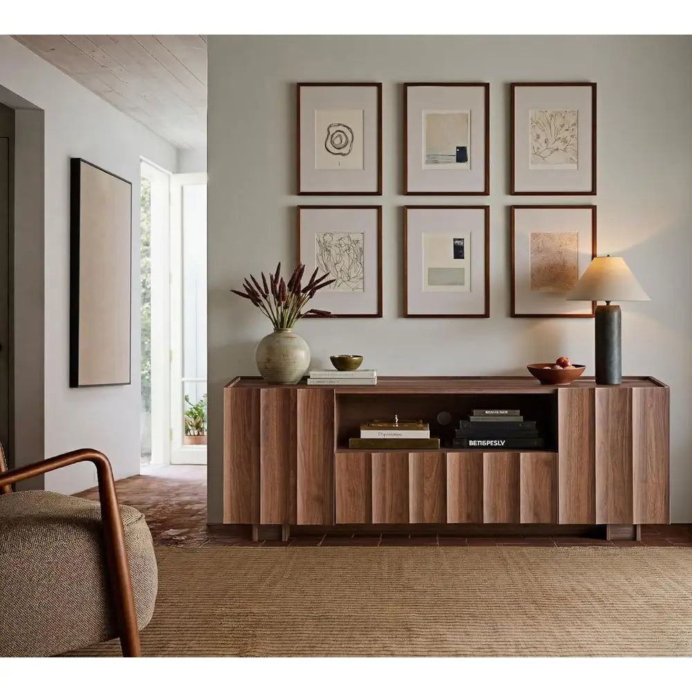 Contemporary Wooden TV Stand Featuring Wave Design And Adjustable Shelving