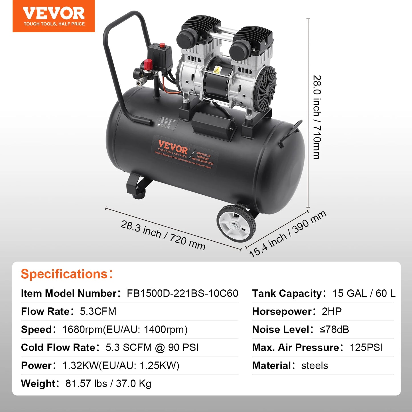 VEVOR Oil Free Air Compressor 125 PSI Quiet Portable Pump