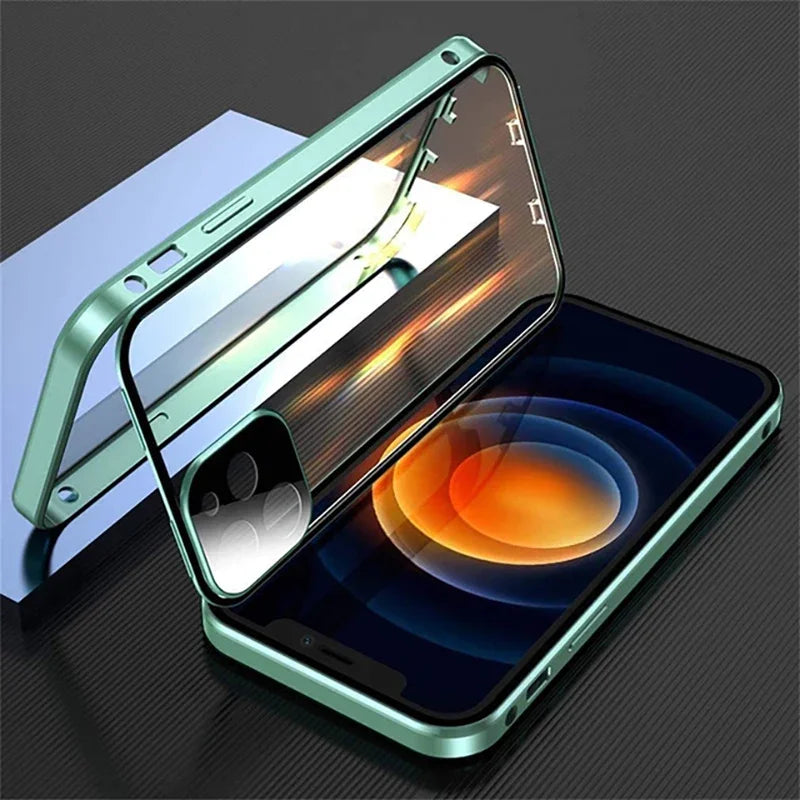 360°Full Protected Metal Magnetic Double-Sided Glass Snap Lock Phone Case For iPhone 16 Pro Max 14 13 12 15 Pro Max Bumper Cover