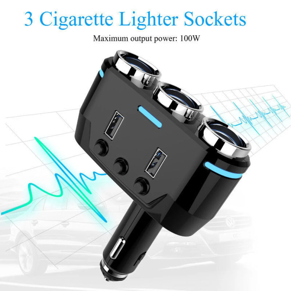 100W Car Cigarette Lighter Splitter With Dual Usb Fast Charger
