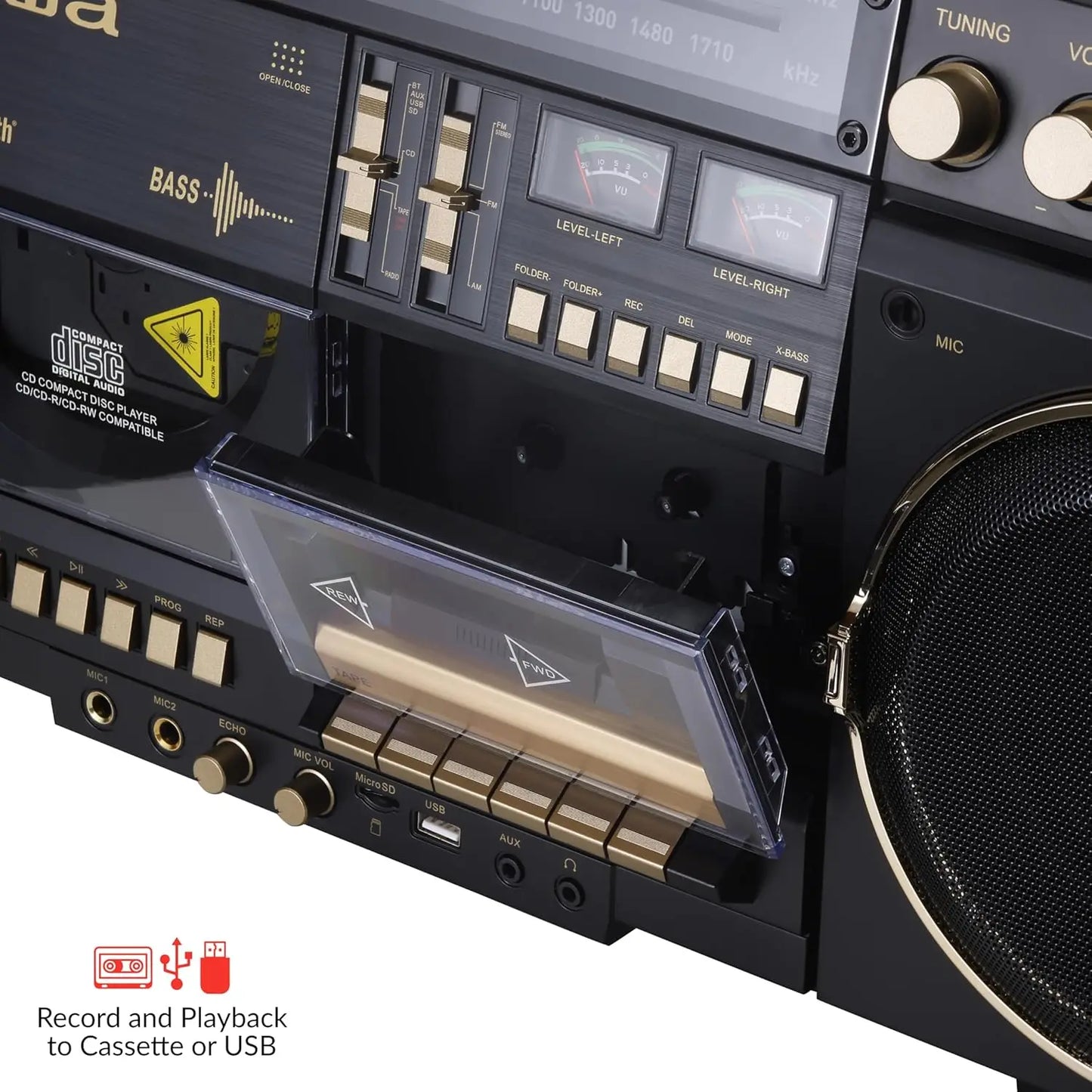Retro Boombox CD Cassette Recording Bluetooth FM AM USB SD