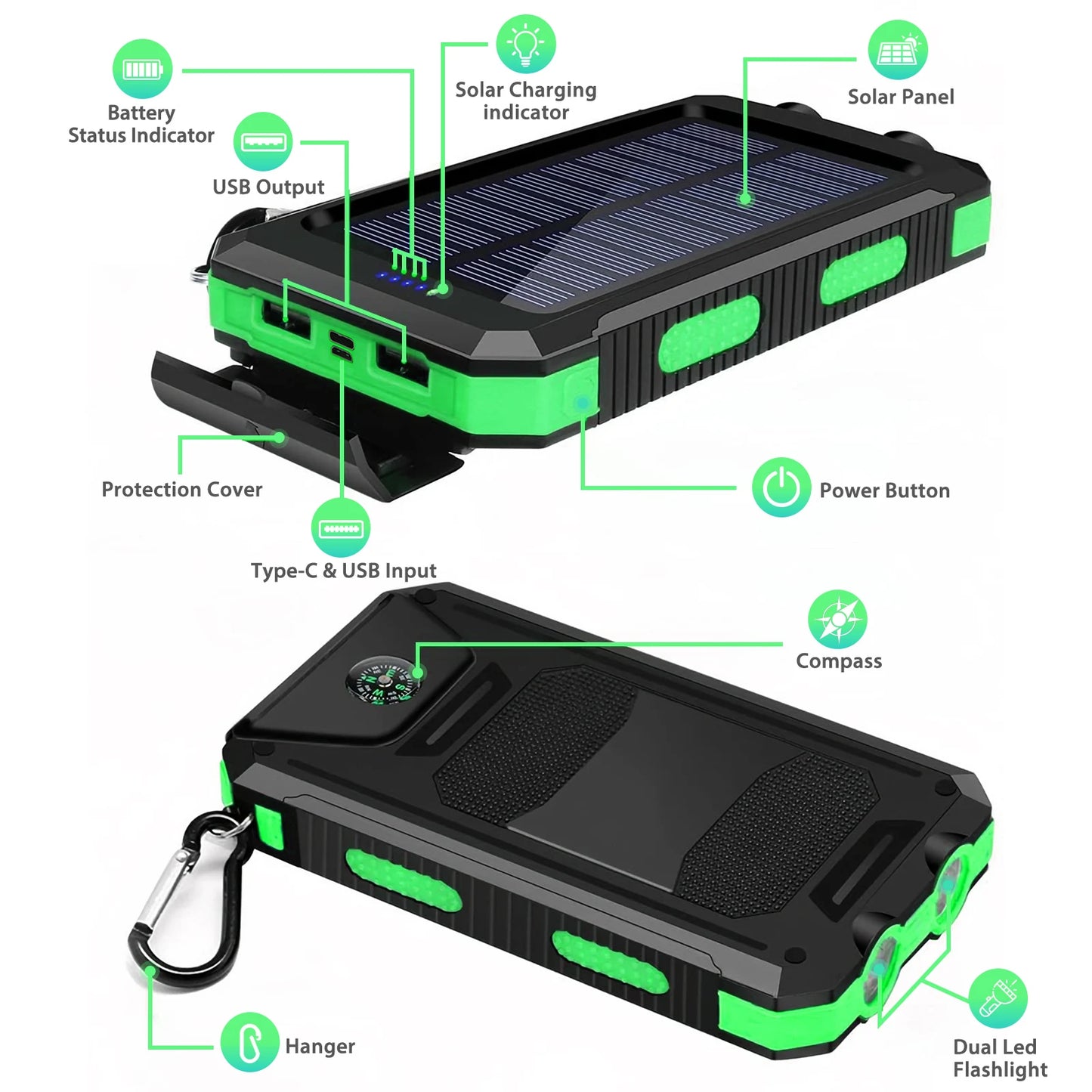 10000mAh Solar Power Bank With Wireless Charging And Led Light